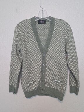 Men's Vintage Sage Green Patterned Button-Front Cardigan